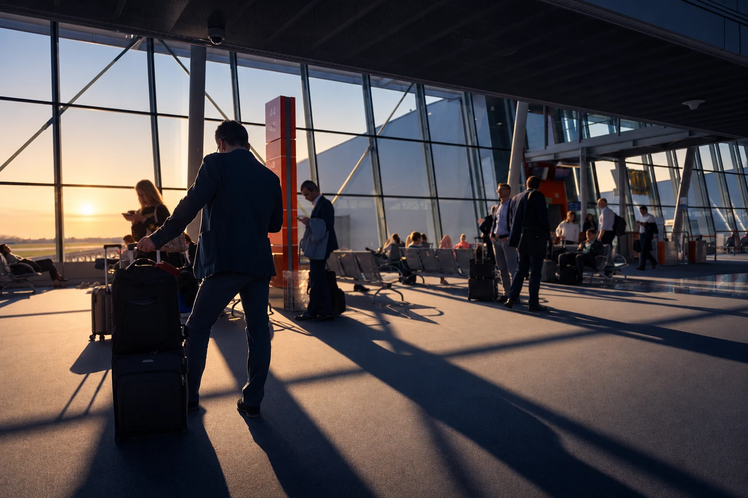 Passageiros com bagagens em um terminal ao entardecer